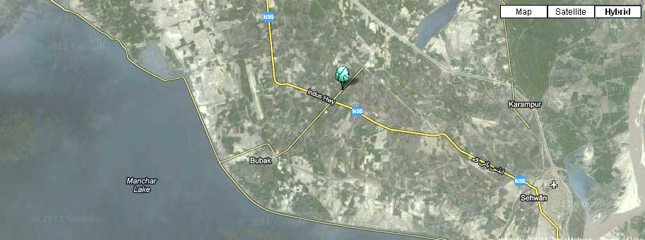 بختيار پور جو نقشو جنهن ۾ سيوهڻ ۽ منڇر ڍنڍ نظر اچي رهيا آهن گگل ارٿ